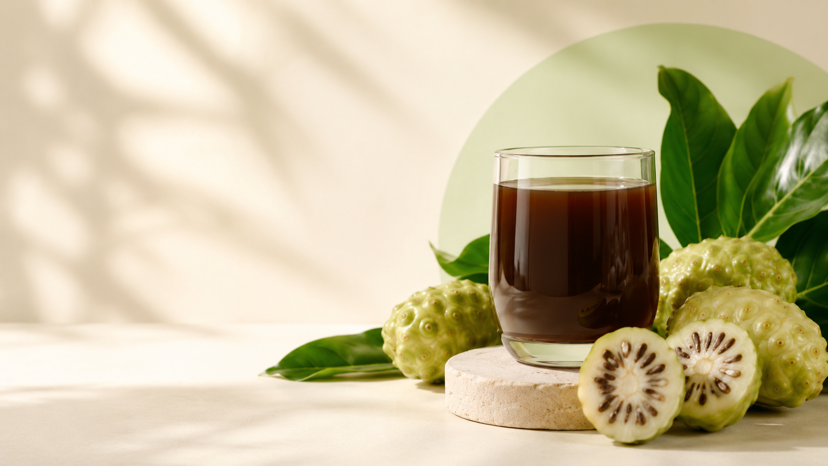 Noni Saft im Glas mit Noni-Früchten und grünen Blättern